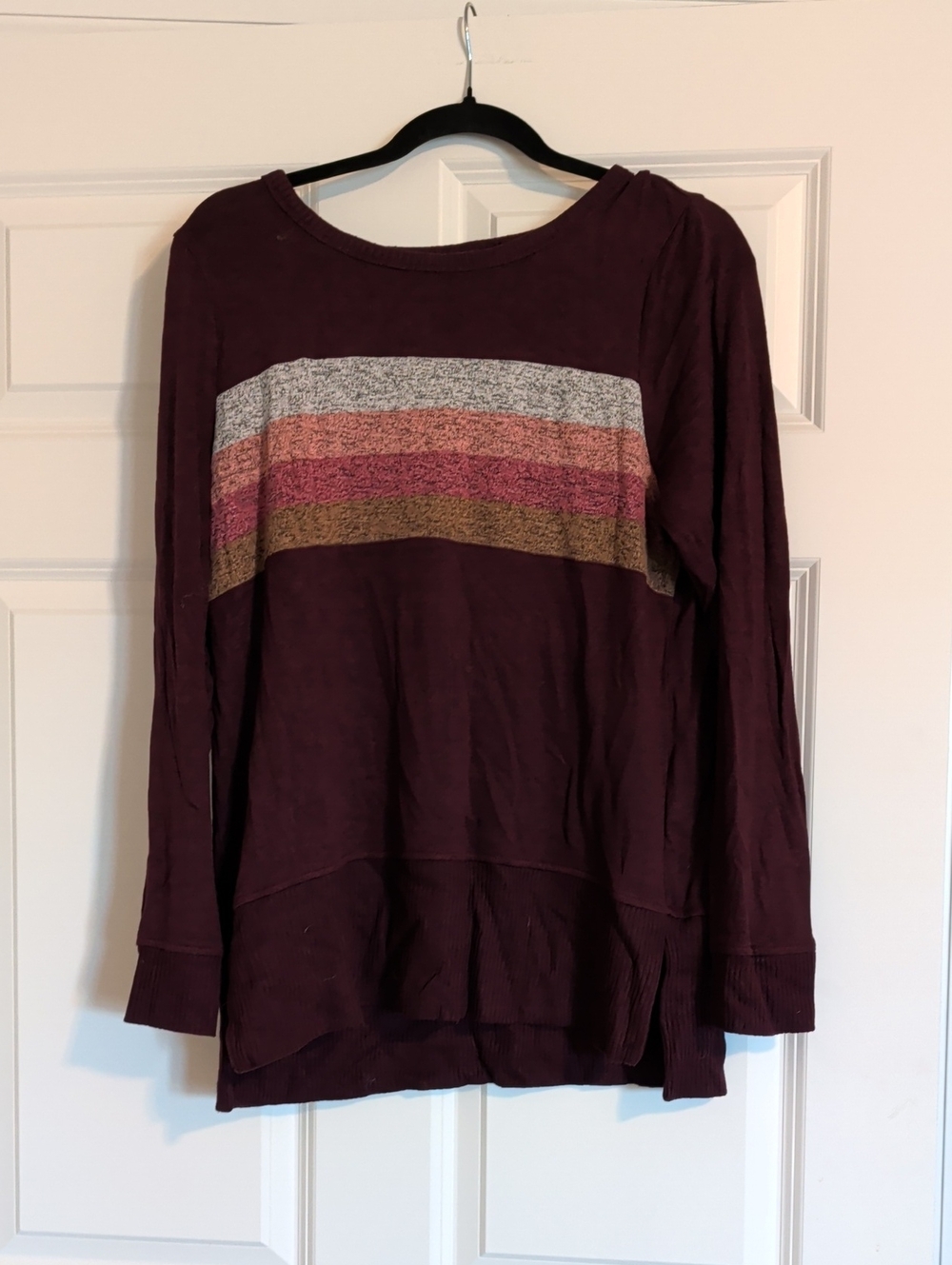 Sonoma Maroon Long-Sleeve Pullover with Multicolor Stripes